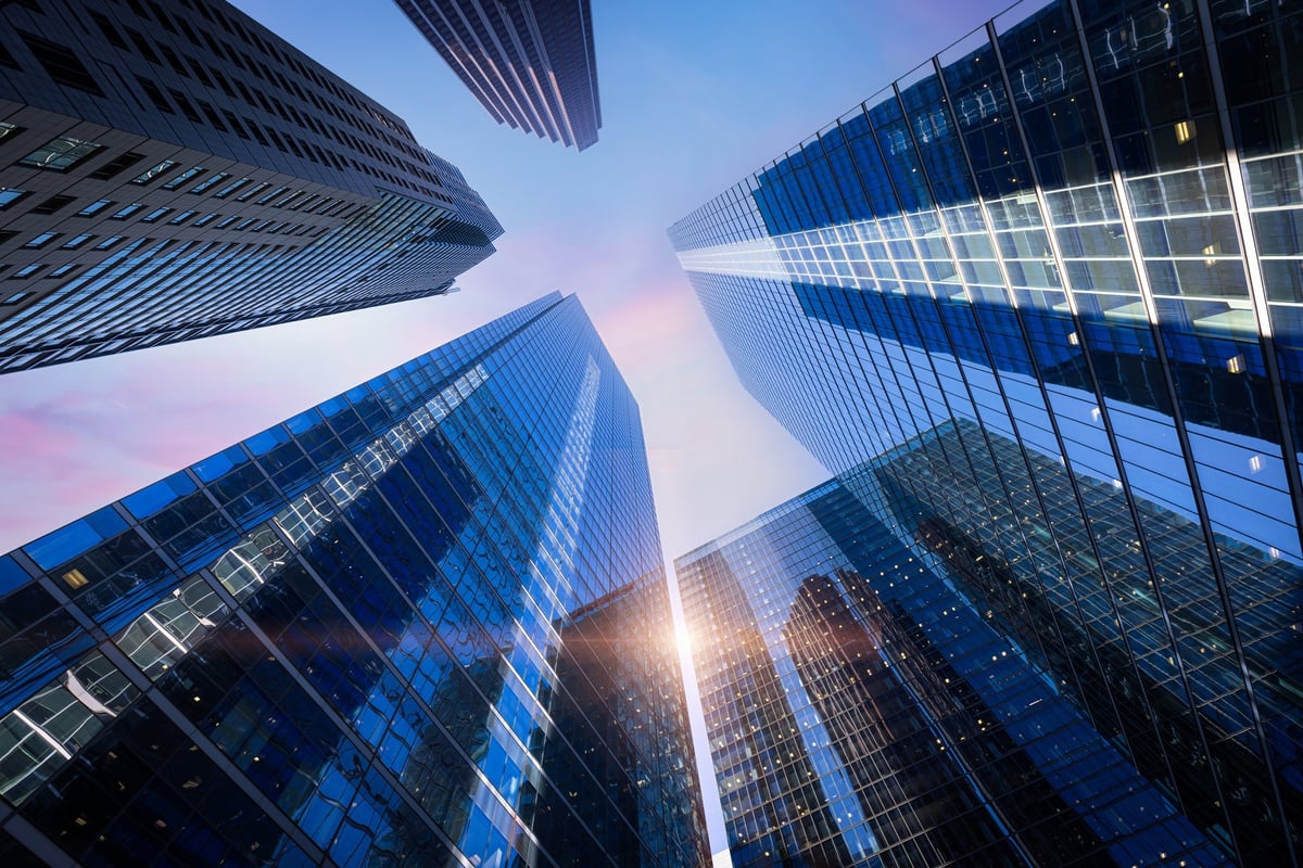 Commercial district skyline with office buildings and residential towers